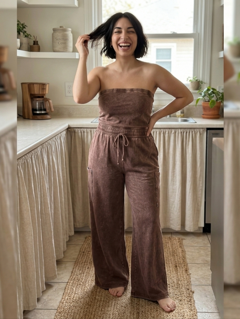Double Zero Cocoa Acid Wash Tube Top Cargo French Terry Jumpsuit